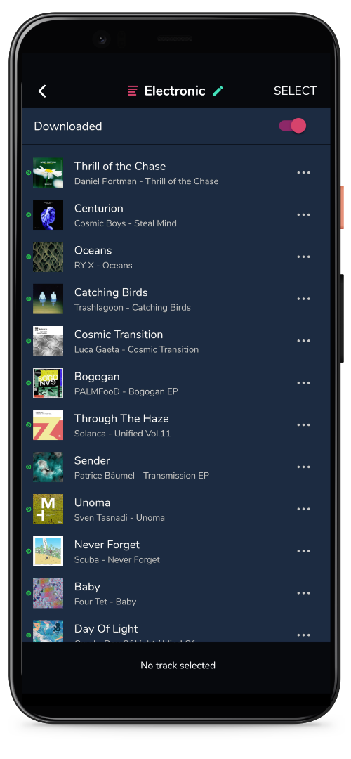 MIXO mobile with downloaded tracks in a playlist