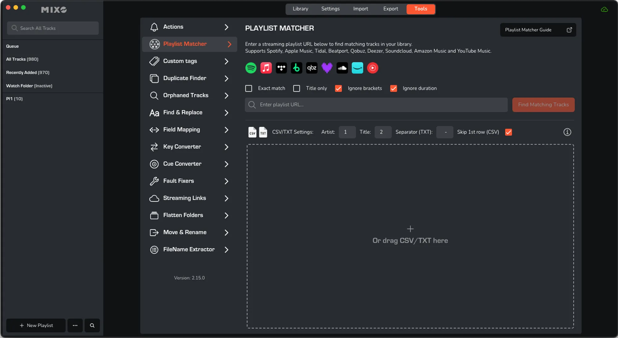 Spotify, Tidal, YouTube, Deezer, SoundCloud, Beatport, Amazon Music and Apple Music playlist track matcher